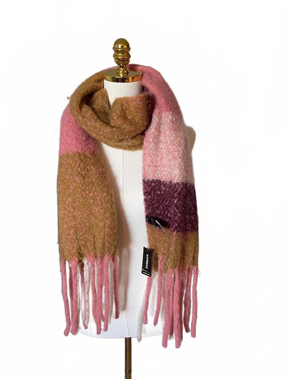 Express fuzzy color block scarf pink tan and plum